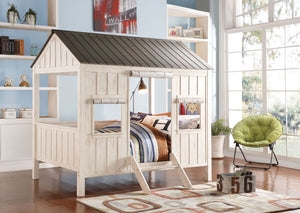 Take bed-time with this incredible Spring Cottage full size bed. This is a dream come true for children everywhere, the bed is sure to transform any room into the ultimate dreamland. The bed features washed gray roof top with weathered white finish throug