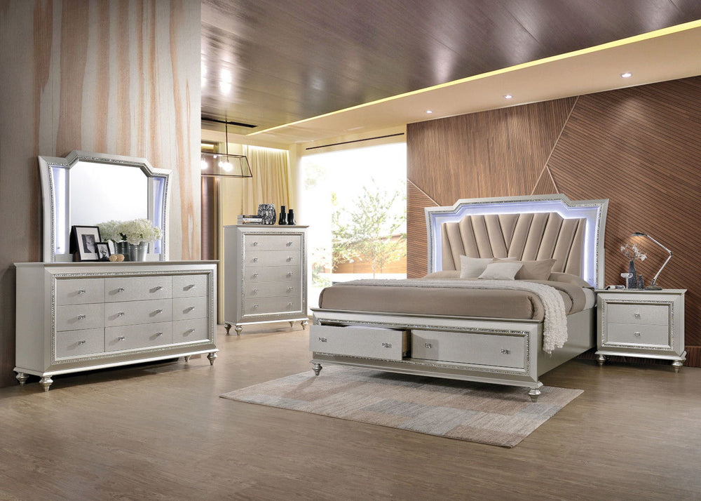 The Kaitlyn mirror provides a commanding presence in any room. Crafted with a transitional look that is an ideal addition to any bedroom, the mirror is accented with LED light and a crystal-like sparkling trim. Its crystal-like trimming creates dazzling g