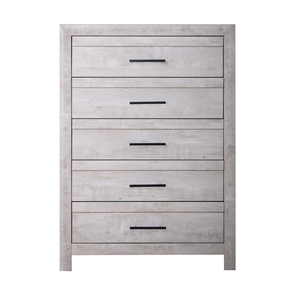 Introducing the Biscayne Five Drawer Chest, meticulously crafted with durable manufactured wood and adorned with an Eco-Friendly decorative laminate for enduring strength and stability. Its Driftwood finish creates a light, airy ambiance, perfect for unwi