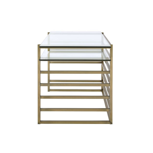  you-'ll be doing it all in style with this Shona desk. The luxurious glass top combines with antique gold finish base
