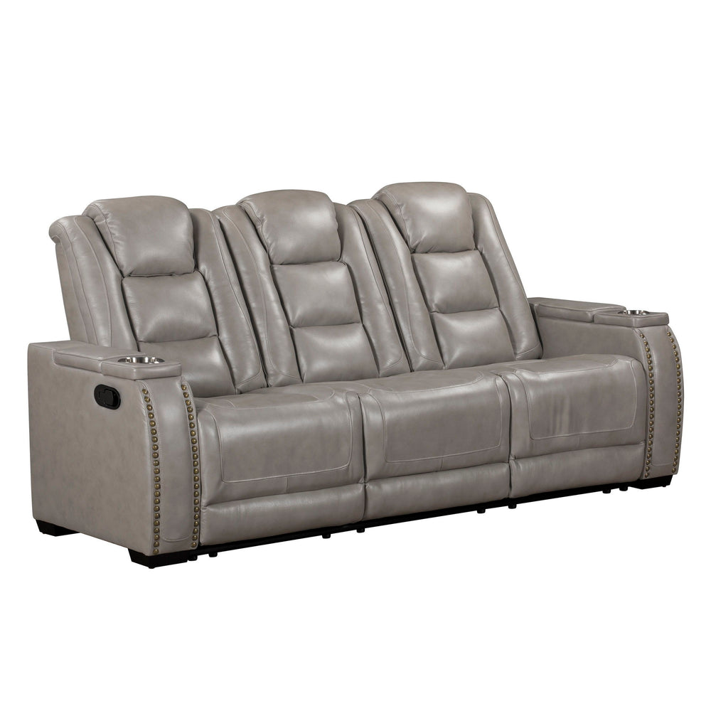 The Breckenridge Genuine Leather Reclining Sofa in Gray offers a perfect combination of luxury, durability, and modern convenience, making it an ideal centerpiece for your living space. This reclining sofa is crafted with a blend of hardwood and manufactu