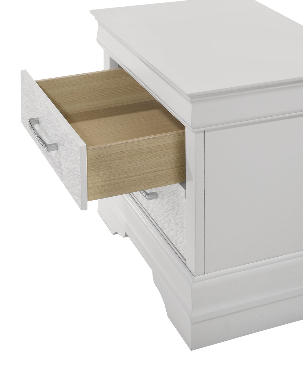 This bedroom set embodies a refined elegance with its crisp white hue and luxurious textures, perfect for creating a serene and sophisticated sanctuary. The centerpiece is a sumptuous bed framed by a headboard with diamond-tufted detailing, offering a tou