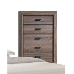 The Lyndon chest has abundant storage space to keep your bedroom essentials, clothing and bedding. Weathered gray grain finish with 5 drawers. English dovetail drawers construction and center metal glide make the opening and closing. The horizontal line d