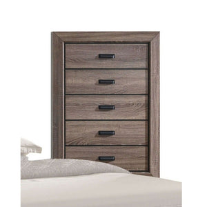 The Lyndon chest has abundant storage space to keep your bedroom essentials, clothing and bedding. Weathered gray grain finish with 5 drawers. English dovetail drawers construction and center metal glide make the opening and closing. The horizontal line d