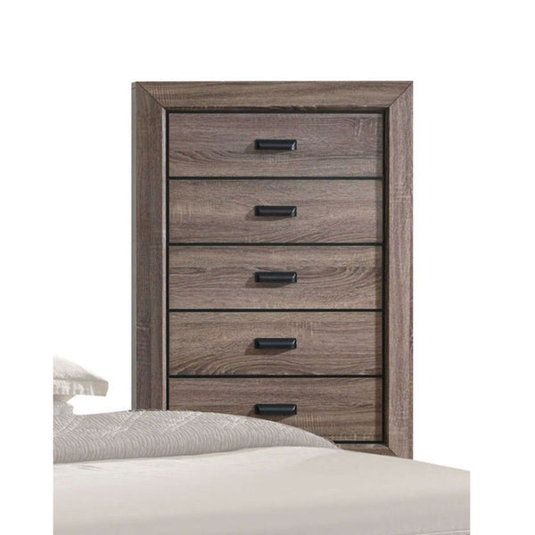 The Lyndon chest has abundant storage space to keep your bedroom essentials, clothing and bedding. Weathered gray grain finish with 5 drawers. English dovetail drawers construction and center metal glide make the opening and closing. The horizontal line d