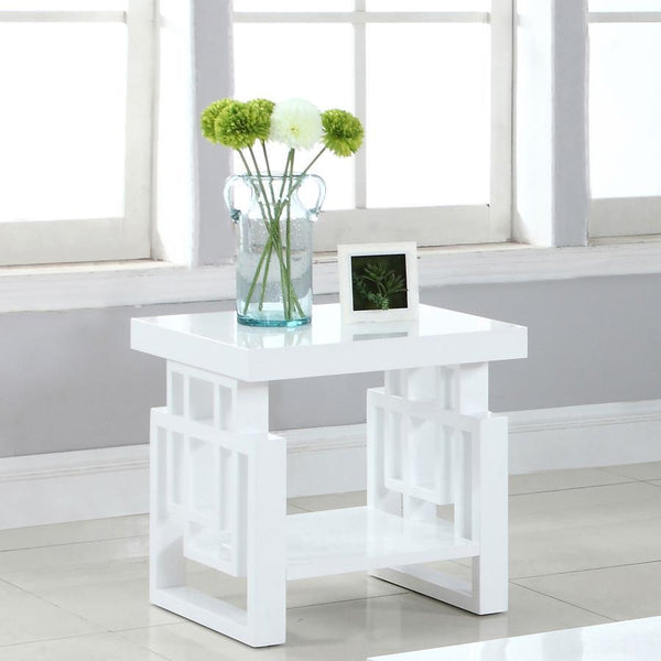  it features a sleek white high-gloss finish for a polished and contemporary look. The geometric leg design adds a unique architectural ele