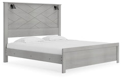 Cool, clean and casually modern. This king panel bedâ€™s wispy dove gray finish sets the tone for your calming sanctuary. Matte black sconce lights and an abstract design on the headboard bring a fresh look to the bedâ€™s simply stunning profile. <h4><b>C