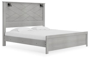 Cool, clean and casually modern. This king panel bedâ€™s wispy dove gray finish sets the tone for your calming sanctuary. Matte black sconce lights and an abstract design on the headboard bring a fresh look to the bedâ€™s simply stunning profile. <h4><b>C