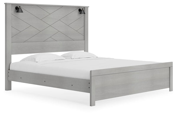 Cool, clean and casually modern. This king panel bedâ€™s wispy dove gray finish sets the tone for your calming sanctuary. Matte black sconce lights and an abstract design on the headboard bring a fresh look to the bedâ€™s simply stunning profile. <h4><b>C