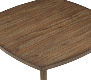  compact table features a warm woodgrain finish and softly rounded edges