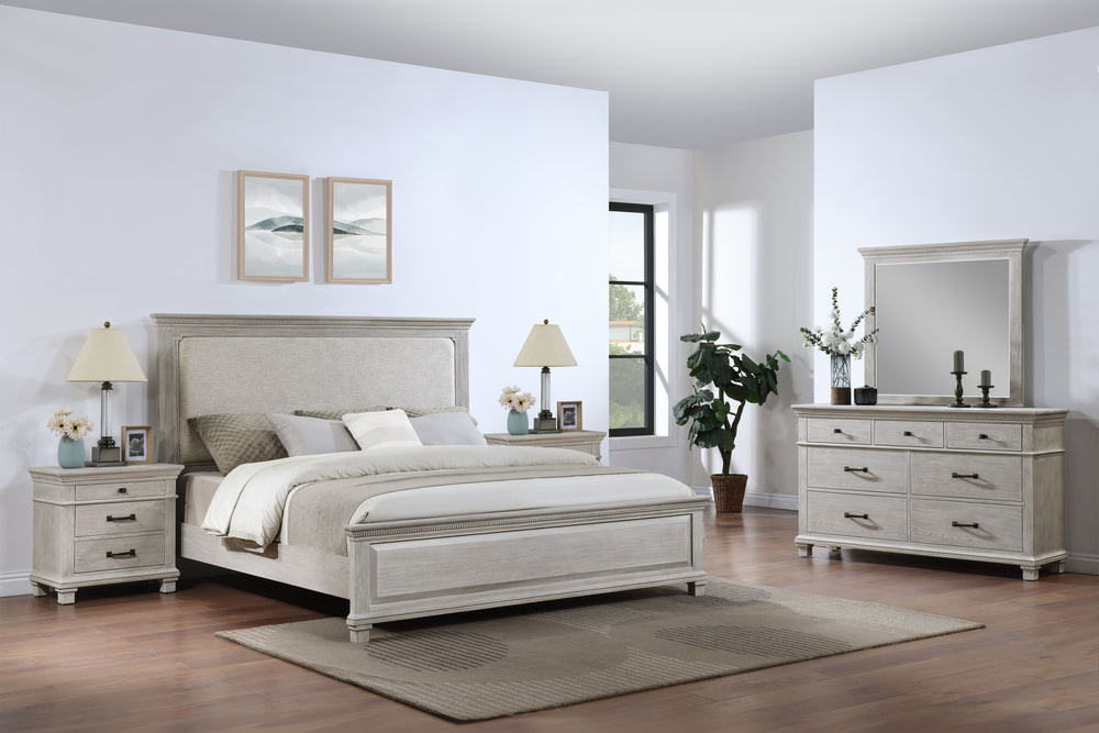The Silver Sands 5 Piece Wood Bedroom Set in Gray is the epitome of durability and style, making it an ideal choice for any bedroom. This set includes an upholstered panel bed, a dresser, a mirror, and two nightstands, providing a comprehensive solution f