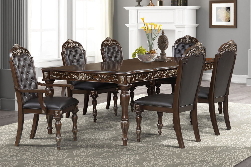 The Royal Classics Maximus 7-Piece Dining Set combines timeless craftsmanship with sophisticated design, making it the perfect addition to any elegant dining space. This set, meticulously crafted from solid poplar and premium birch veneers, offers both en
