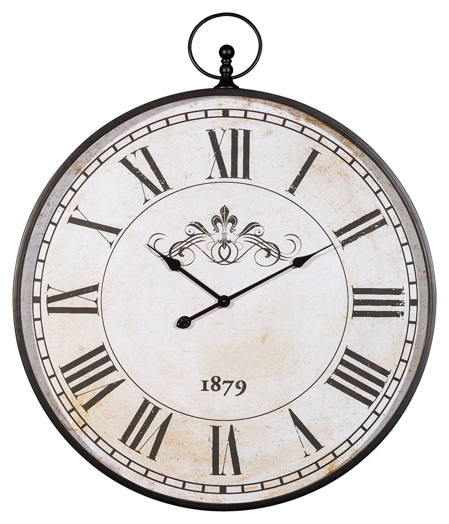 Turn back the hands of time with this wall clock. Large Roman numerals pop against the distressed cream finish to exude the timeworn splendor we cherish.<br/><br/><b>Product Features</b><ul><li>Made of metal</li><li>Keyhole hanger</li><li>Operates with 1 