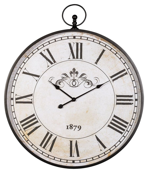 Turn back the hands of time with this wall clock. Large Roman numerals pop against the distressed cream finish to exude the timeworn splendor we cherish.<br/><br/><b>Product Features</b><ul><li>Made of metal</li><li>Keyhole hanger</li><li>Operates with 1 