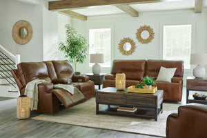 Master statement-making contemporary comfort with this set. It displays a striking yet streamlined profile, with auburn-hued leather match upholstery balancing natural beauty and refined design. An adjustable headrest and USB charging polish off this rich