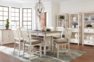 Unique two-tone finish with a combination of Oak and Acacia substrates combining a trendy textured antique white color with table and server tops finished in a textural weathered oak finish. Rectangular dining table features six convenient drawers for sto