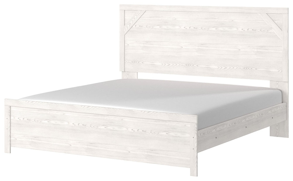 Cool, clean and casually modern. This king panel bedâ€™s wispy whitewash finish sets the tone for your calming sanctuary. Framed elements and cross-brace accents add dimension and authenticity to the bedâ€™s simply stunning profile. <h4><b>Gerridan - Whit