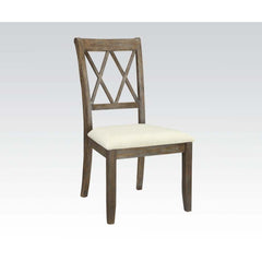 KD, Armless Chair (High Back) Stationary Seat: Standard Dining Height Padded SEAT: Beige Linen (Solid Pattern/NO Welt) Wooden Backrest: -"XX-" Shape (Open Back) Wooden Apron Seat Wooden Tapered Leg: Salvage Brown Finish, Wood (Hickory), Thick: 45mm Armles