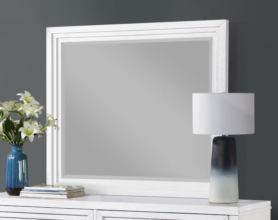 Augment a stylish bedroom setting with a transitional framed dresser mirror. It-'s the perfect complement to a relaxed bedroom ensemble, offering reflectivity and brightness while complementing decor. The mirror boasts a decorative frame and beveled glass