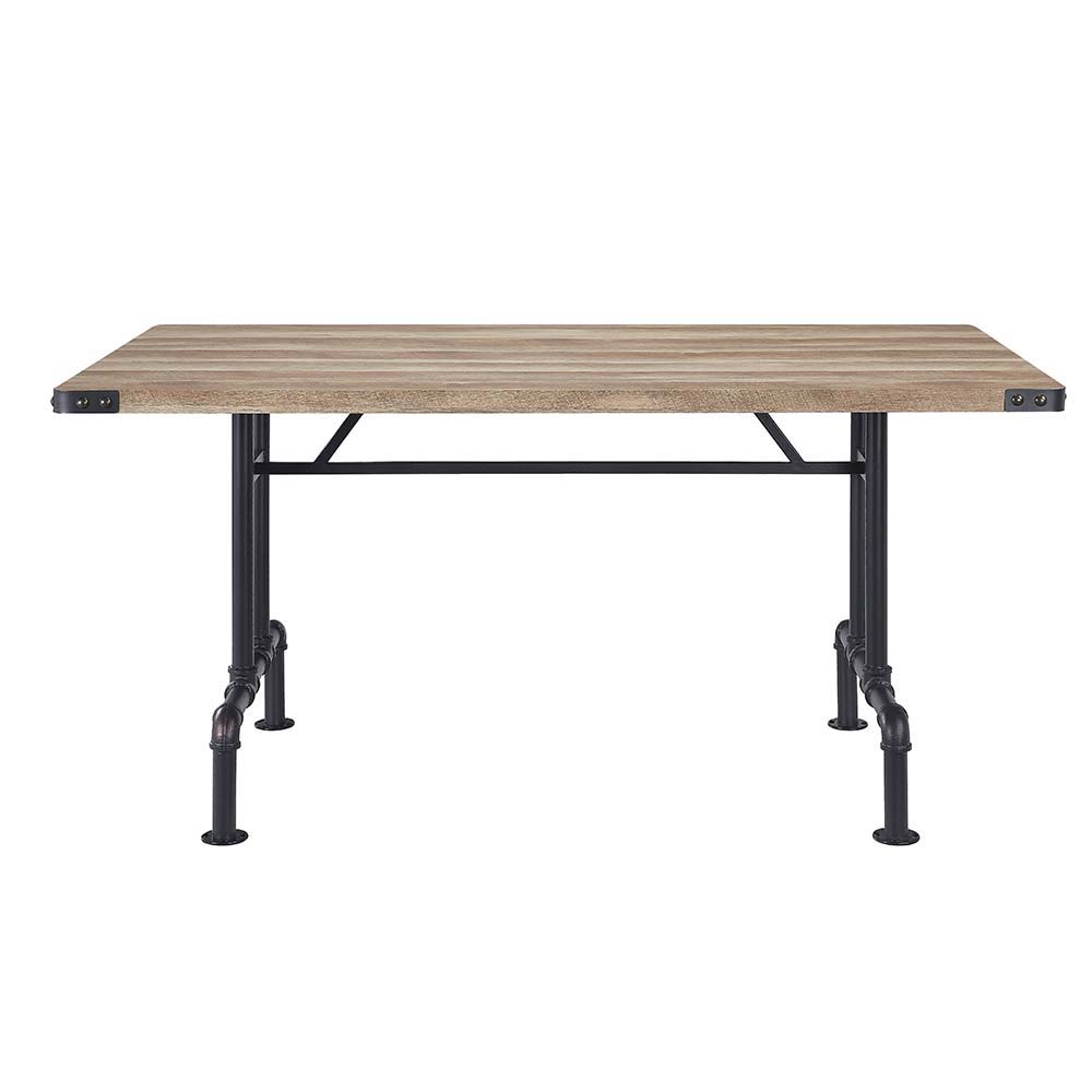 Featuring a rectangular wooden tabletop in an oak finish the Edina dining table merges farmhouse and industrial elements for the ideal dining table for the modern home. Metal corner protectors with rivets that elevate the tabletop. The metal pipe trestle 