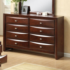 The Ireland collection dresser features contemporary feel and a glossy espresso finish throughout. The dresser is complemented by slightly flared square legs with 8 spacious drawers are sure to provide style and functionality for any bedroom needs. Drawer