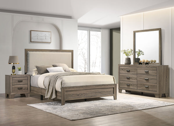 This bedroom set offers a minimalist design with a nod to rustic aesthetics, perfect for creating a serene and uncluttered space. The straightforward lines of the bed frame, combined with the upholstered headboard cushion, exude a sense of calm and comfor