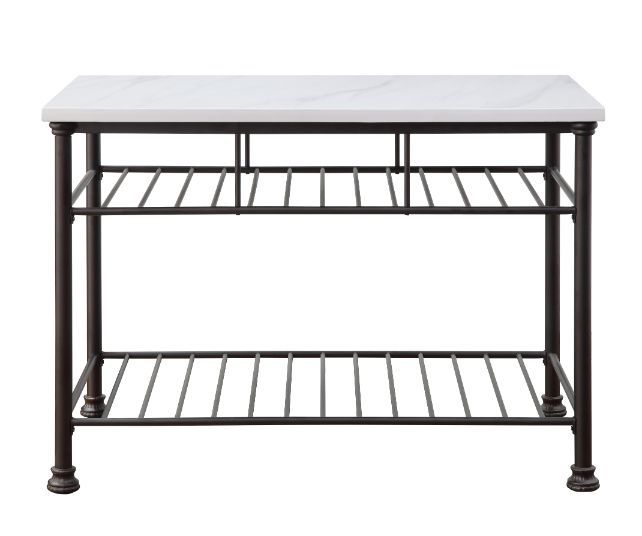 Minimalistic design paired with clean, simple color. The Freyja Kitchen Island gives off a light and airy feel to a compact cooking space. Clean-lined metal frame is topped with a artificial stone top, creating a sleek, modern silhouette that gives your k