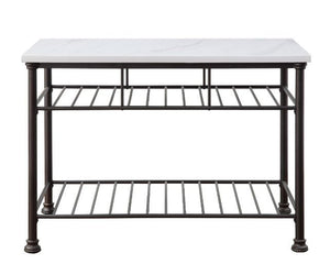  simple color. The Freyja Kitchen Island gives off a light and airy feel to a compact cooking space. Clean-lined metal frame is topped with a artificial stone top