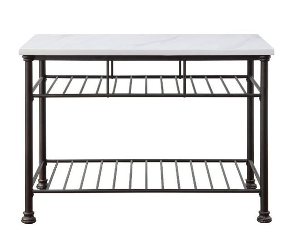 simple color. The Freyja Kitchen Island gives off a light and airy feel to a compact cooking space. Clean-lined metal frame is topped with a artificial stone top