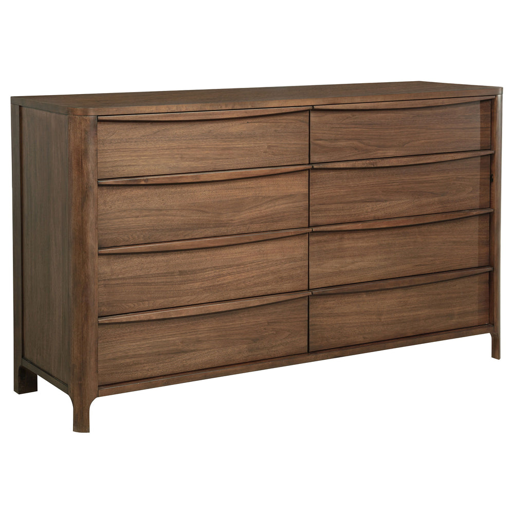 Introduce abundant storage and plenty of style to your bedroom with this transitional eight-drawer dresser. It delivers plenty of easy organization for clothing and accessories with drawers that include cedar lining for protection and felt lining in its t