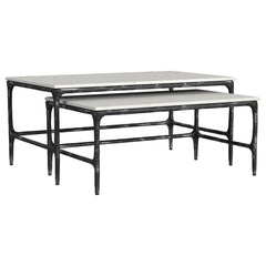 This two-piece nesting set introduces a refined center table solution. Arrange them as a cocktail table ensemble, or separate them to function as a versatile accent table. Each low table includes a genuine marble surface and an antique black iron frame, r
