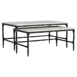 This two-piece nesting set introduces a refined center table solution. Arrange them as a cocktail table ensemble, or separate them to function as a versatile accent table. Each low table includes a genuine marble surface and an antique black iron frame, r