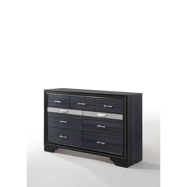 The Naima dresser offers a sophisticated look, clean lines and contemporary style. This black dresser features nine drawers, with the second drawer being a Felt-Lined jewelry drawer with compartments and front panel with crystal like inserts. Add this dre