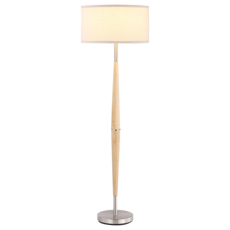 Complement a casual living space with the understated flair of a modern floor lamp. It offers a classic silhouette for timeless energy. Its light is an LED, offering energy efficiency perfect for a contemporary home. The lamp features a natural wood finis