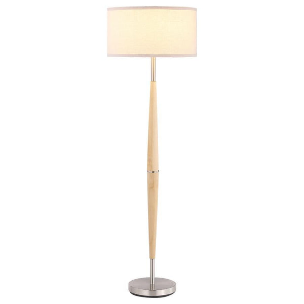 Complement a casual living space with the understated flair of a modern floor lamp. It offers a classic silhouette for timeless energy. Its light is an LED, offering energy efficiency perfect for a contemporary home. The lamp features a natural wood finis