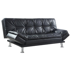 From the Dilleston collection comes this black sofa bed with posh character. The sofa features cushioned pillow-top seating and adjustable armrests for convenient lounging or texting. Upholstered in black leatherette with button tufting and double rows of