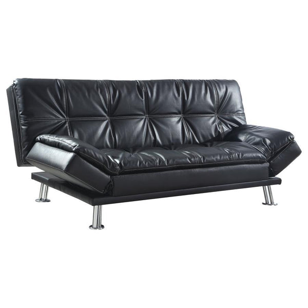 From the Dilleston collection comes this black sofa bed with posh character. The sofa features cushioned pillow-top seating and adjustable armrests for convenient lounging or texting. Upholstered in black leatherette with button tufting and double rows of