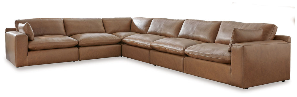 Catering to your contemporary lifestyle, this sectional is a handsome marriage of masculine and feminine sensibilities. Feather-fiber cushions and bolster pillows soften the look of its chunky, linear silhouette. A warmly hued combination of leather and f