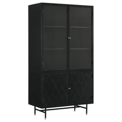 This industrial style metal cabinet offers ample storage space and a bold look in a space. With its matte black finish and accents of antique brass finish hardware, the cabinet offers a subtle contrast while exhibiting style and grace. With its tall desig