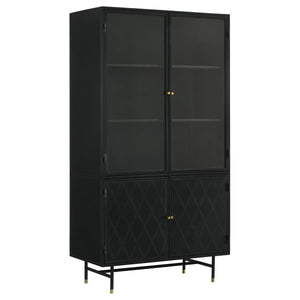 This industrial style metal cabinet offers ample storage space and a bold look in a space. With its matte black finish and accents of antique brass finish hardware, the cabinet offers a subtle contrast while exhibiting style and grace. With its tall desig