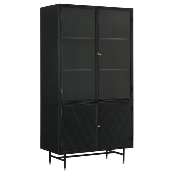 This industrial style metal cabinet offers ample storage space and a bold look in a space. With its matte black finish and accents of antique brass finish hardware, the cabinet offers a subtle contrast while exhibiting style and grace. With its tall desig