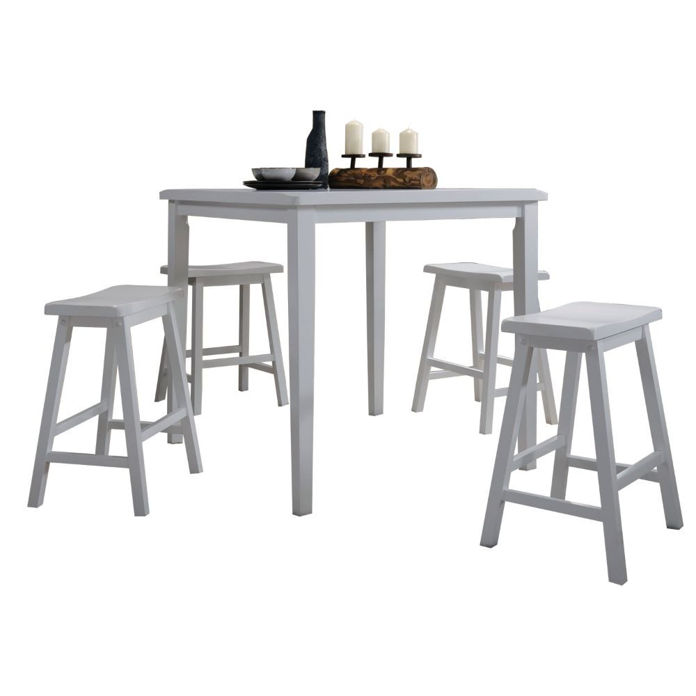 The Gaucho 5 Piece Pack Counter Height Dining Set offers simplicity with a versatility perfect for any small dining space. This set boasts an space saving design, square leg table and four matching saddle style stools. The Table features a Solid Wooden To