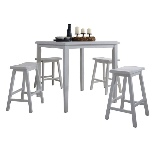 The Gaucho 5 Piece Pack Counter Height Dining Set offers simplicity with a versatility perfect for any small dining space. This set boasts an space saving design, square leg table and four matching saddle style stools. The Table features a Solid Wooden To