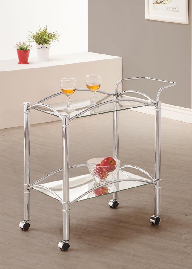 Simple elegance with a modern twist. This freshly styled serving cart offers a tasteful addition to contemporary decor. With a sleek chrome finish, its metal frame receives romantic curved accents. A tempered glass top shelf and mirrored bottom shelf acco