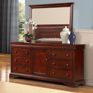 The Versailles Two-Piece Dresser and Mirror Set in Bordeaux Cherry combines timeless design with exceptional craftsmanship, making it a perfect addition to any bedroom. This set includes a beautifully crafted dresser and an elegantly framed mirror, both c