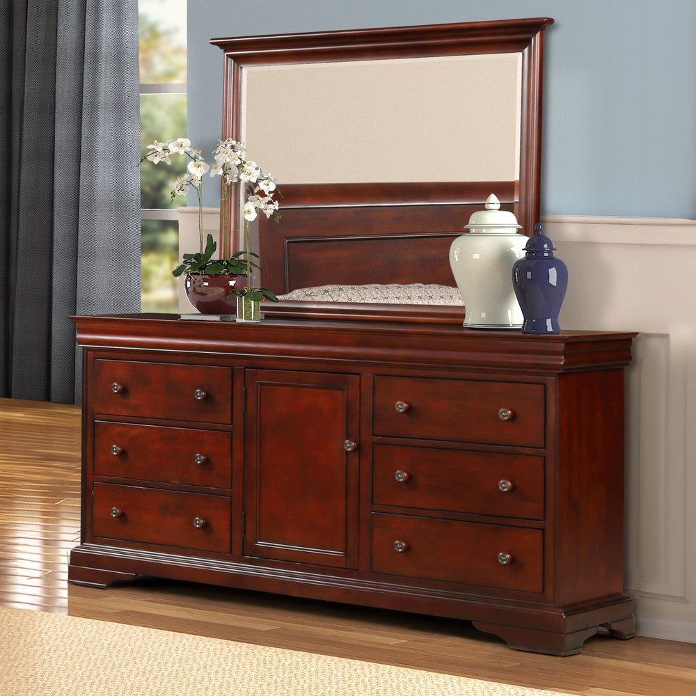 The Versailles Two-Piece Dresser and Mirror Set in Bordeaux Cherry combines timeless design with exceptional craftsmanship, making it a perfect addition to any bedroom. This set includes a beautifully crafted dresser and an elegantly framed mirror, both c