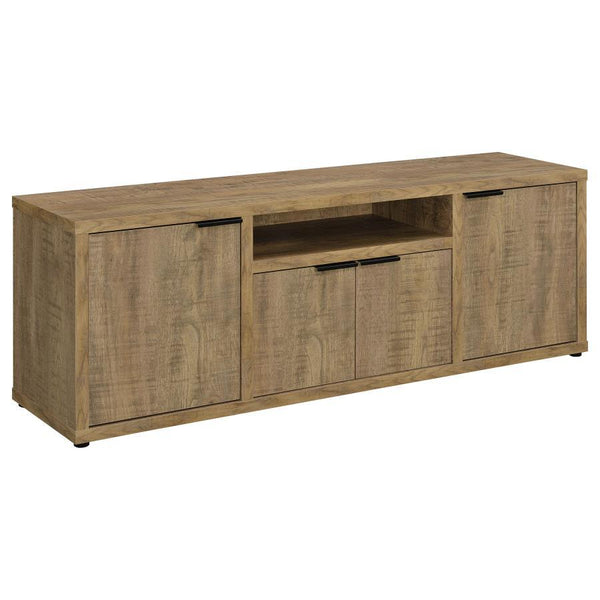 Center your entertainment set-up in this charming farmhouse TV stand. Featuring melamine paper in a mango finish, the console offers ample storage and plenty of charm. Layered coloring mimics the depth of true wood grain, while roughhewn saw marks add a s