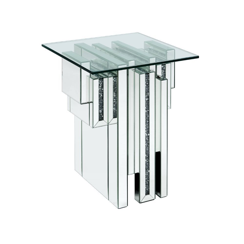 Want to make a bold statement, then these Noralie end tables are the perfect solution. With a one of a kind pedestal base that has beautiful acrylic gemstones with clear glass, this piece is sure to stand out. Featuring a sturdy 4mm beveled glass top that