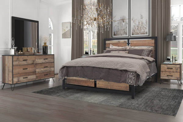 Elevate your bedroom with the Elk River 5-Piece Bedroom Set, crafted for those who appreciate a blend of modern industrial design and practical functionality. This set includes a bed, a 6-drawer dresser, a matching mirror, and two 2-drawer nightstands, al
