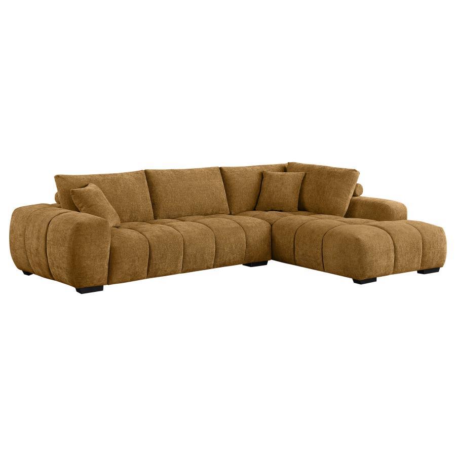 Finding inspiration in mid-century Italian furniture design, this L-shaped sectional sofa creates a rich, inviting ambiance in your living room. It boasts soft upholstery in a warm hue, creating the perfect gathering place for families and friends. Its co
